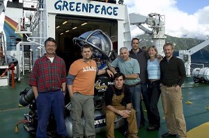 Sub pilots for the Bering Sea Expedition (pictured with DeepWoker submarine) during preparations in British Columbia, Canada aboard M/V Esperanza (left to right): Clive, Kenneth, Danny, David, John, Michelle, Timo 