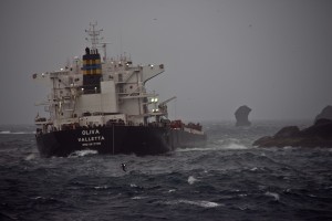 Freighter MS Oliva aground at Nightingale Island. The ship has broken in half and oil now threatens penguins and other wildlife. All crew was rescued.