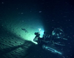 Deepworker submersible filming grenadier at bottom of Bering Sea, Alaska